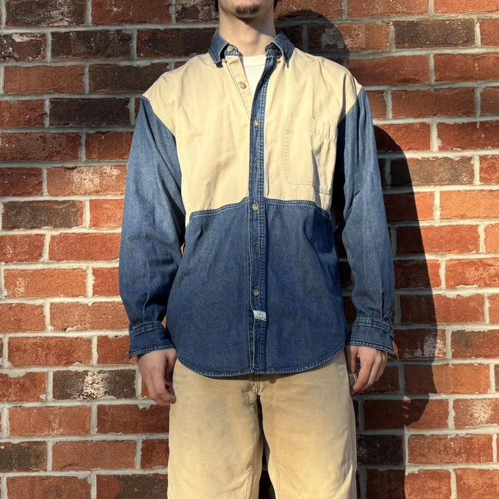 Two-Tone Denim and Khaki Button-Up Shirt